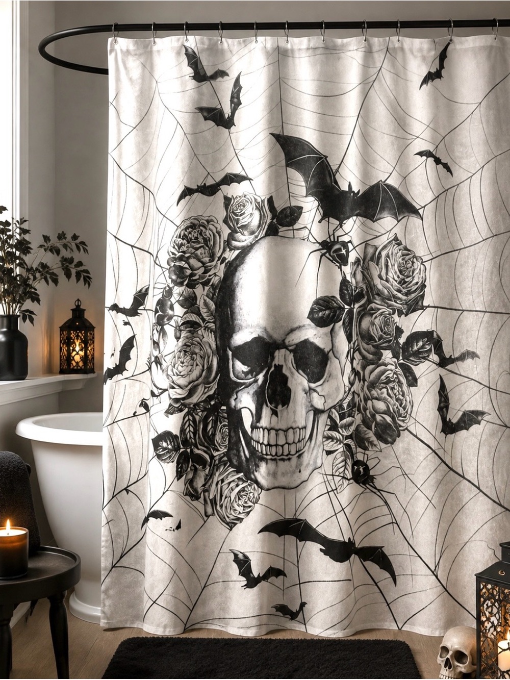 HALLOWEEN SHOWER CURTAIN GRINNING SKULL TATTOO ROSES BATS COBWEB SPOOKY 72X72